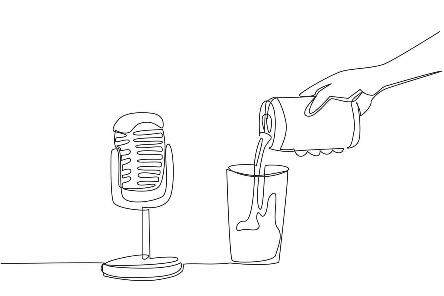 Single one line drawing hand pouring canned drink into glass with a mic. Creates a soothing sound effect when heard. Flowing softly. International ASMR Day. Continuous line design graphic illustration vector