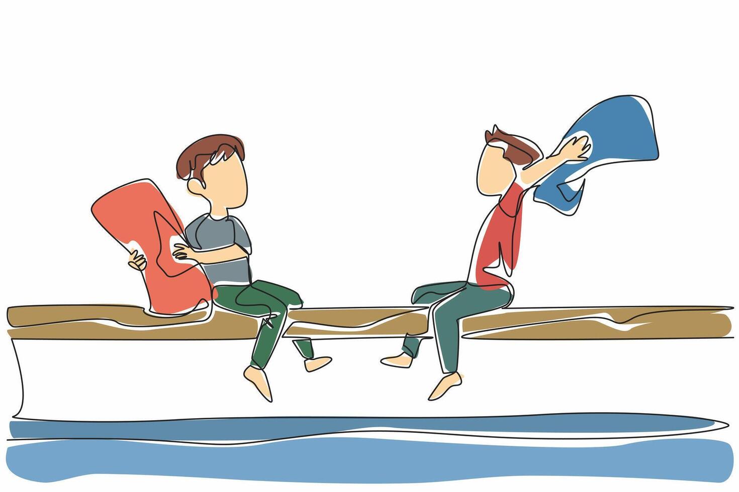 Single continuous line drawing 2 boys sitting on a big tree holding pillows under the tree is a pool. Compete. Attack. Be a winner. International Pillow Fight Day. One line design illustration vector