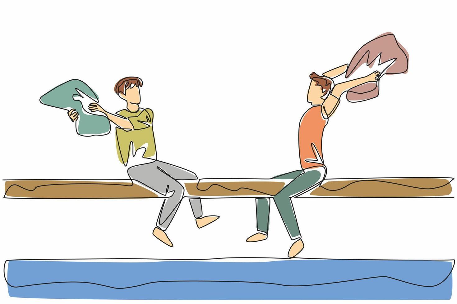 Single one line drawing 2 adult men sitting on large log underneath pool holding pillows. Contest. The wet one is the loser. International Pillow Fight Day. Continuous line design graphic illustration vector