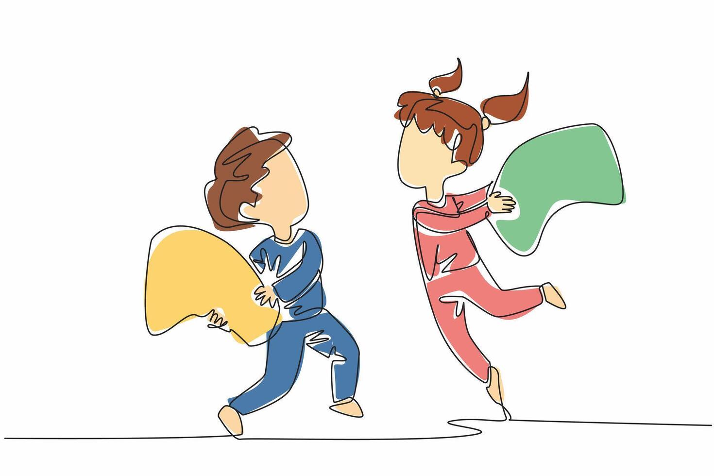 Single continuous line drawing boy and girl standing holding pillows. Looking for winners without medals. Joking full of energy. International Pillow Fight Day. One line design illustration vector
