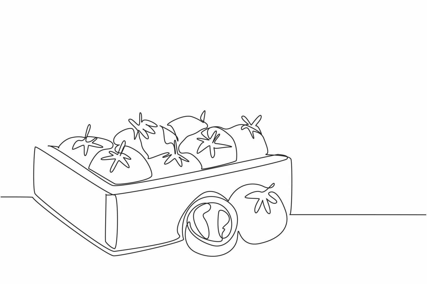 Continuous one line drawing tomatoes fill the wooden box. The harvest is satisfactory as expected. Very profitable. Antioxidants. Vitamin. Fresh Tomato Day. Single line draw design illustration vector