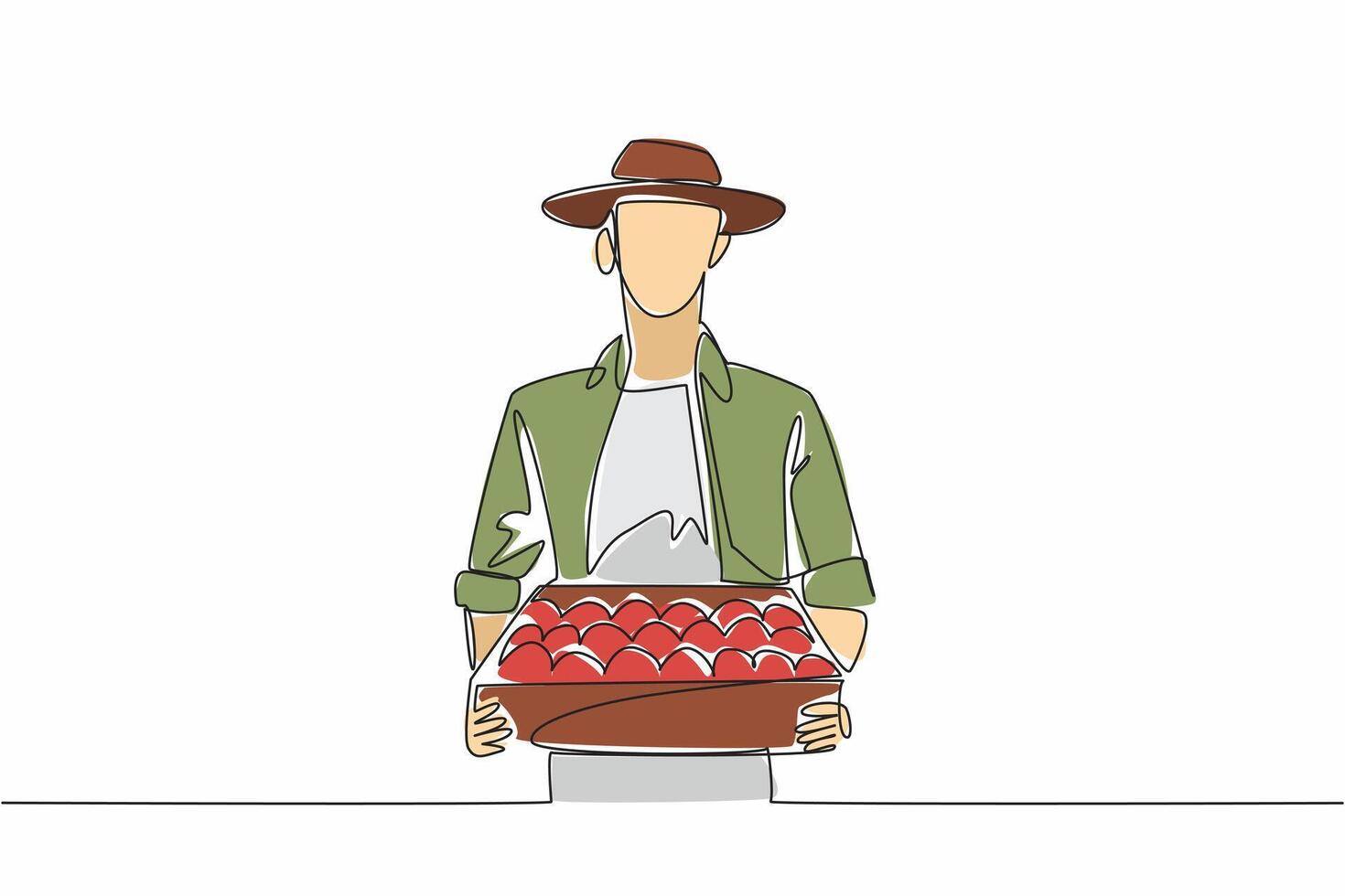 Single one line drawing a man wearing a hat carrying a wooden box filled with tomatoes. Gardener. A harvest very beneficial for the body. Fresh Tomato Day. Continuous line design graphic illustration vector