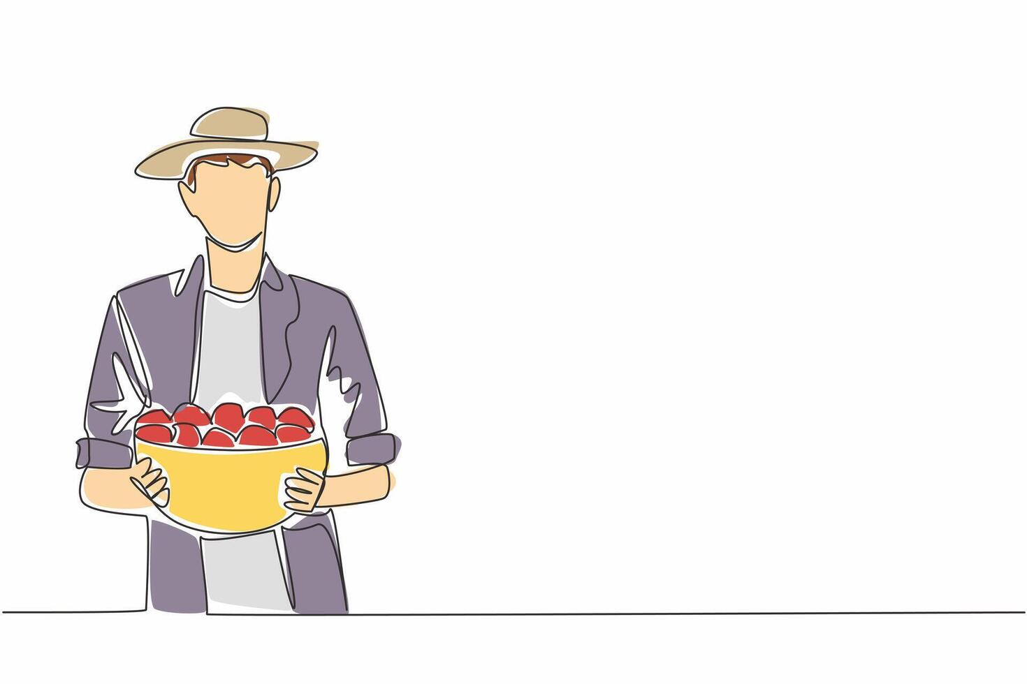 Single continuous line drawing a man wearing a hat carrying a container full of tomatoes. Bringing a satisfying harvest. Tomato farmer. Vitamin. Fresh Tomato Day. One line design illustration vector