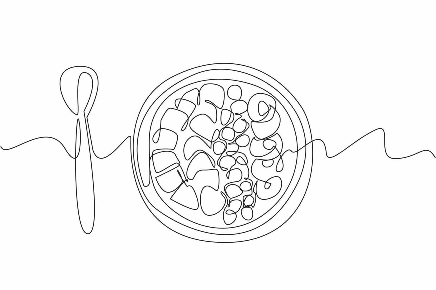 Single one line drawing wooden acai bowl contains some pieces of fruit and there is a wooden spoon. Improve digestive health. Tasty. National Acai Bowl Day. Continuous line design graphic illustration vector