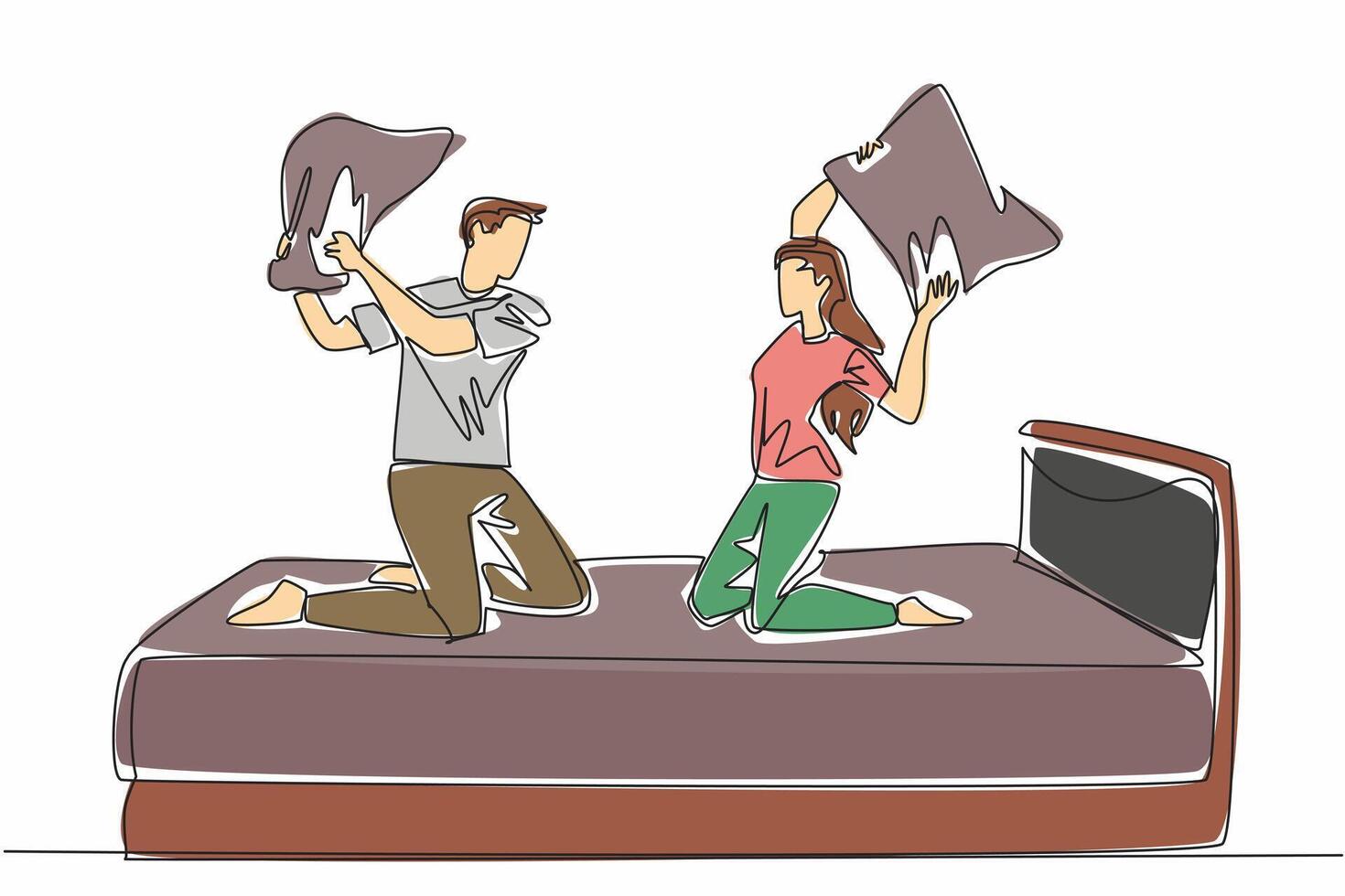 Single continuous line drawing young couple in pajamas sitting on bed holding pillow. A couple who likes to joke around. Bonding. International Pillow Fight Day. One line design illustration vector