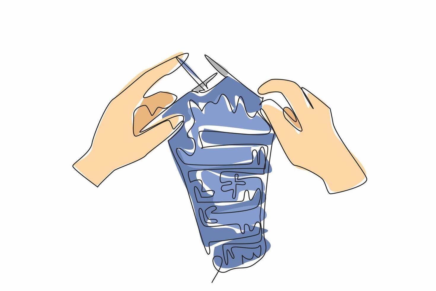Single continuous line drawing two hands are knitting wool yarn into cloth. Special skills. Not everyone can do it. Exploration. Garment. National Handmade Day. One line design illustration vector