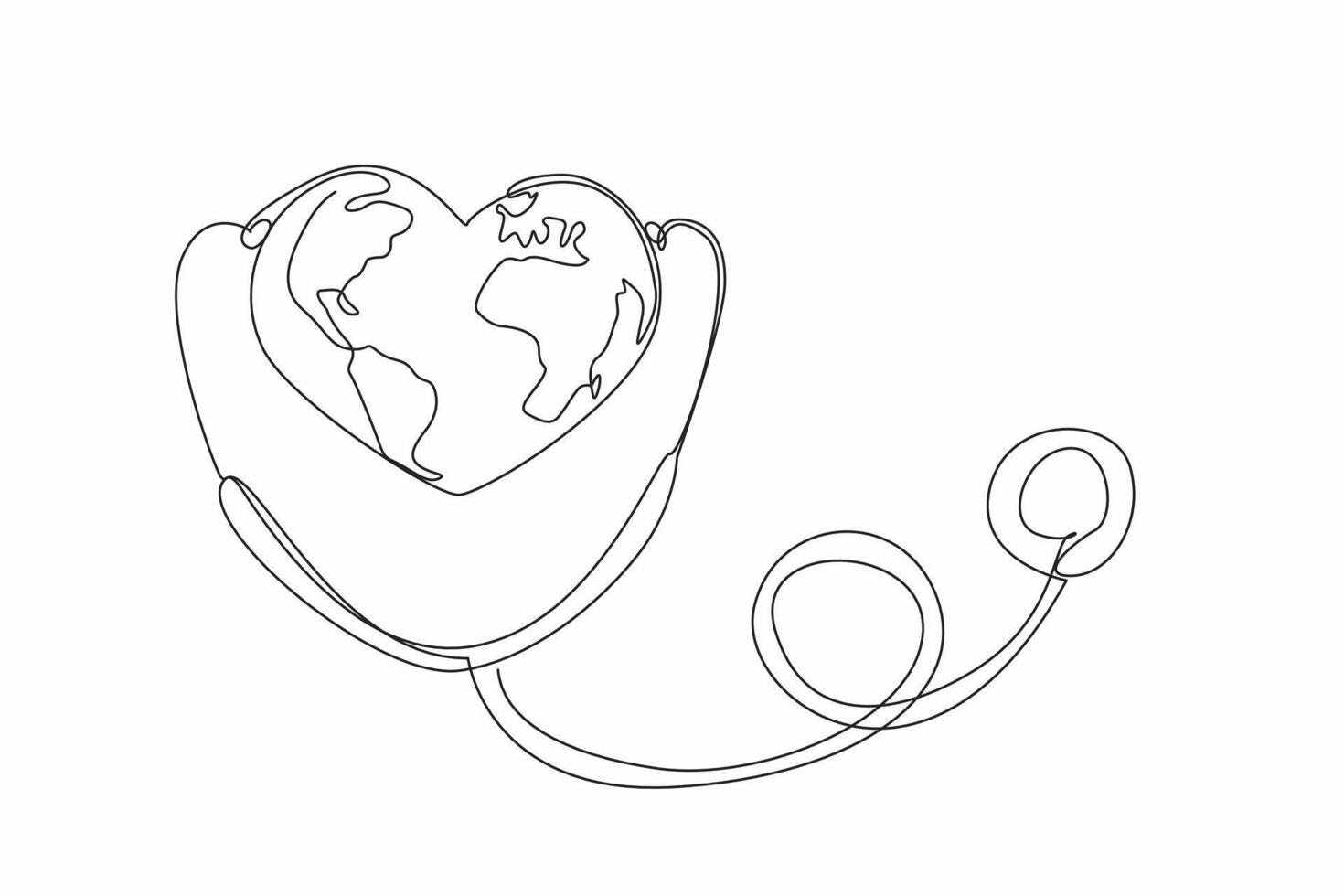 Single continuous line drawing stethoscope worn on heart-shaped globe. Global health. A healthy earth provides the best quality for all creatures. World Health Day. One line design illustration vector