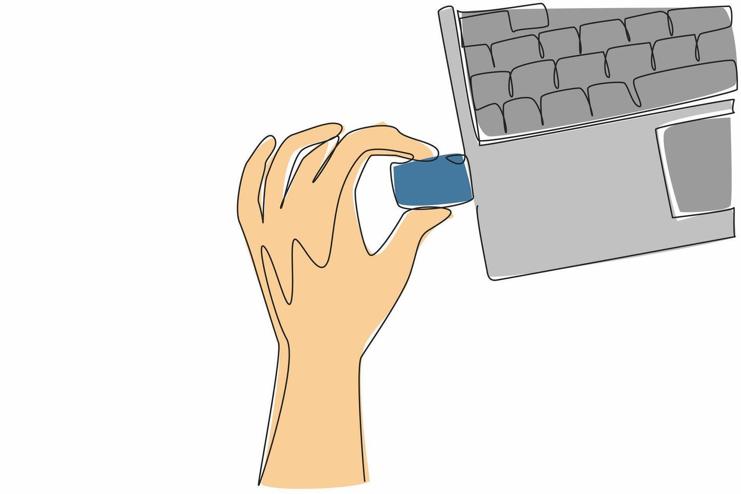 Continuous one line drawing hand inserting a flash drive into the laptop. Transferring important data. Doing copy paste. Tech. National Flash Drive Day. Single line draw design illustration vector