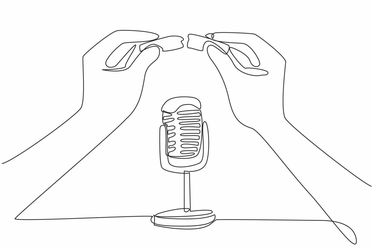 Single continuous line drawing hand plucks chocolate and points it towards the mic. Creates a food crumbs effect when dropped. Pleasure. International ASMR Day. One line design illustration vector