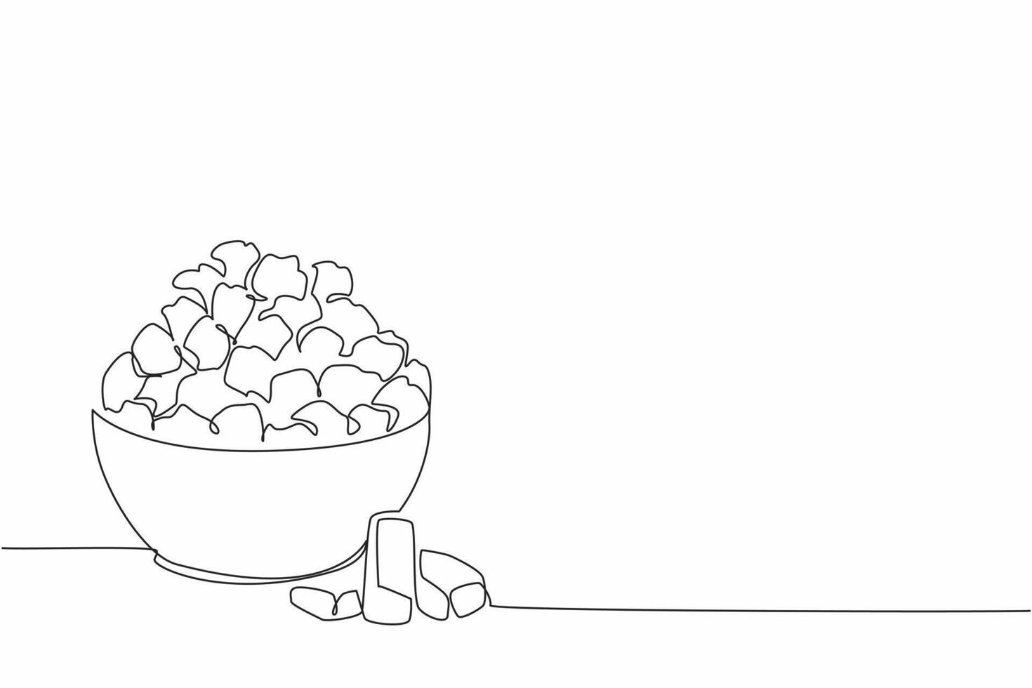 Single continuous line drawing caramel popcorn in white bowl with caramel pieces scattered around. Snacks eliminate hunger. Munchies. National Caramel Popcorn Day. One line design illustration vector