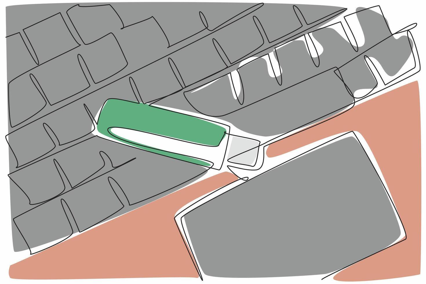 Single one line drawing flash drive above the keyboard keys. Backing up work. Daily backup in a simple way. Copy paste. Tech. National Flash Drive Day. Continuous line design graphic illustration vector