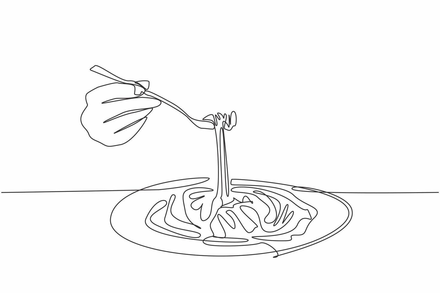 Single one line drawing hand forking spaghetti from a round plate. Taste the traditional food that has been served. Gourmet. Yummy. National Carbonara Day. Continuous line design graphic illustration vector