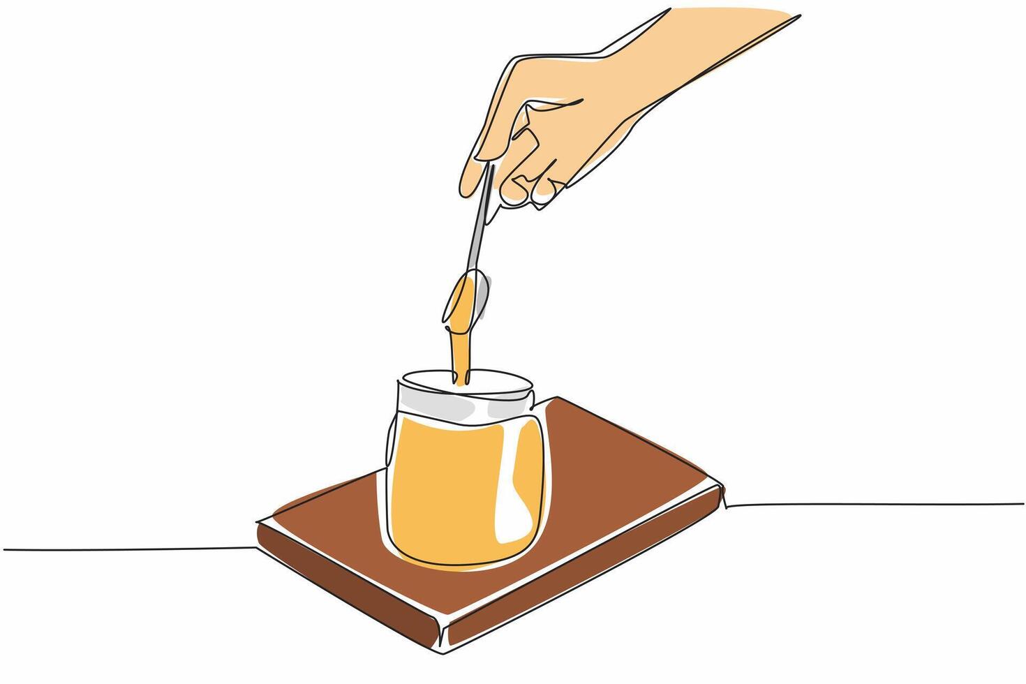 Single continuous line drawing hand holding a spoon filled with caramel liquid that put into a jar. Want to share the sweet taste of pleasure. National Caramel Day. One line design illustration vector