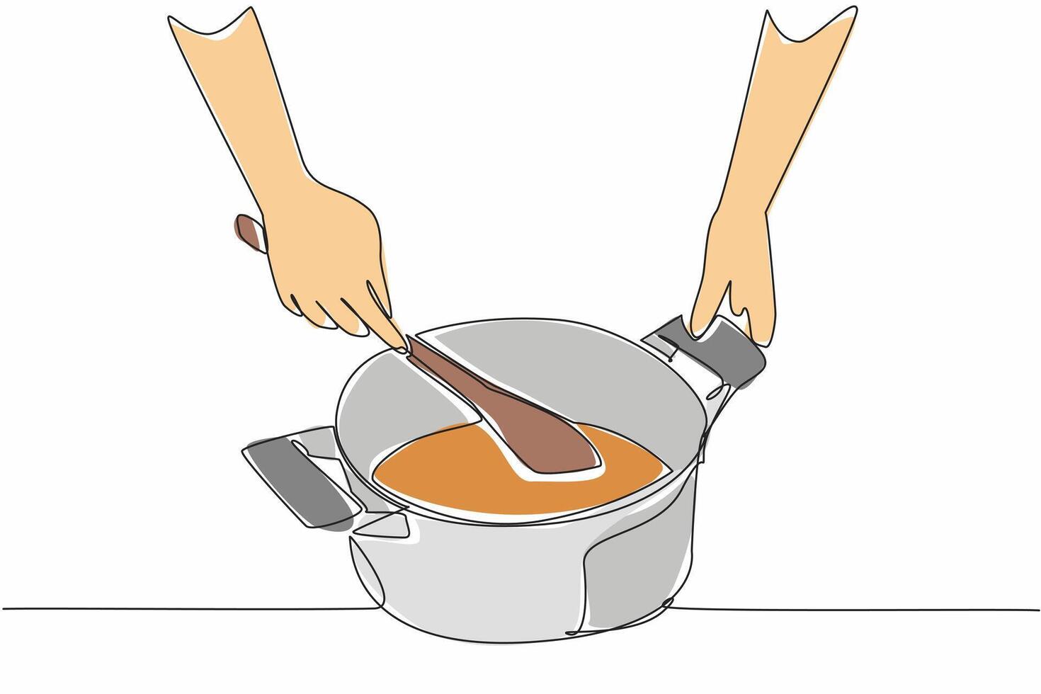 Single continuous line drawing hand stirring a pan of caramel liquid with a large wooden spoon. Homemade caramel. Making the perfect blend. National Caramel Day. One line design illustration vector