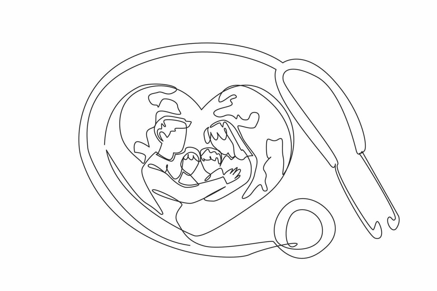 Single one line drawing heart-shaped globe and in middle there is a silhouette of a family hugging. Health insurance for beloved children. World Health Day. Continuous line design graphic illustration vector