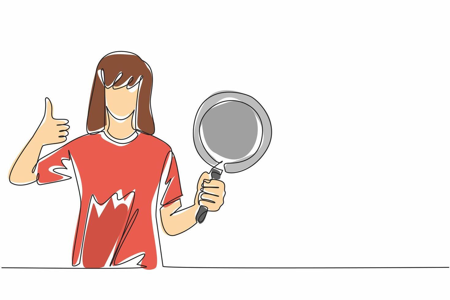 Continuous one line drawing woman hold teflon pan and making thumbs up gesture. Impressive cooking experience. Non-stick. Spectacular. National Teflon Day. Single line draw design illustration vector
