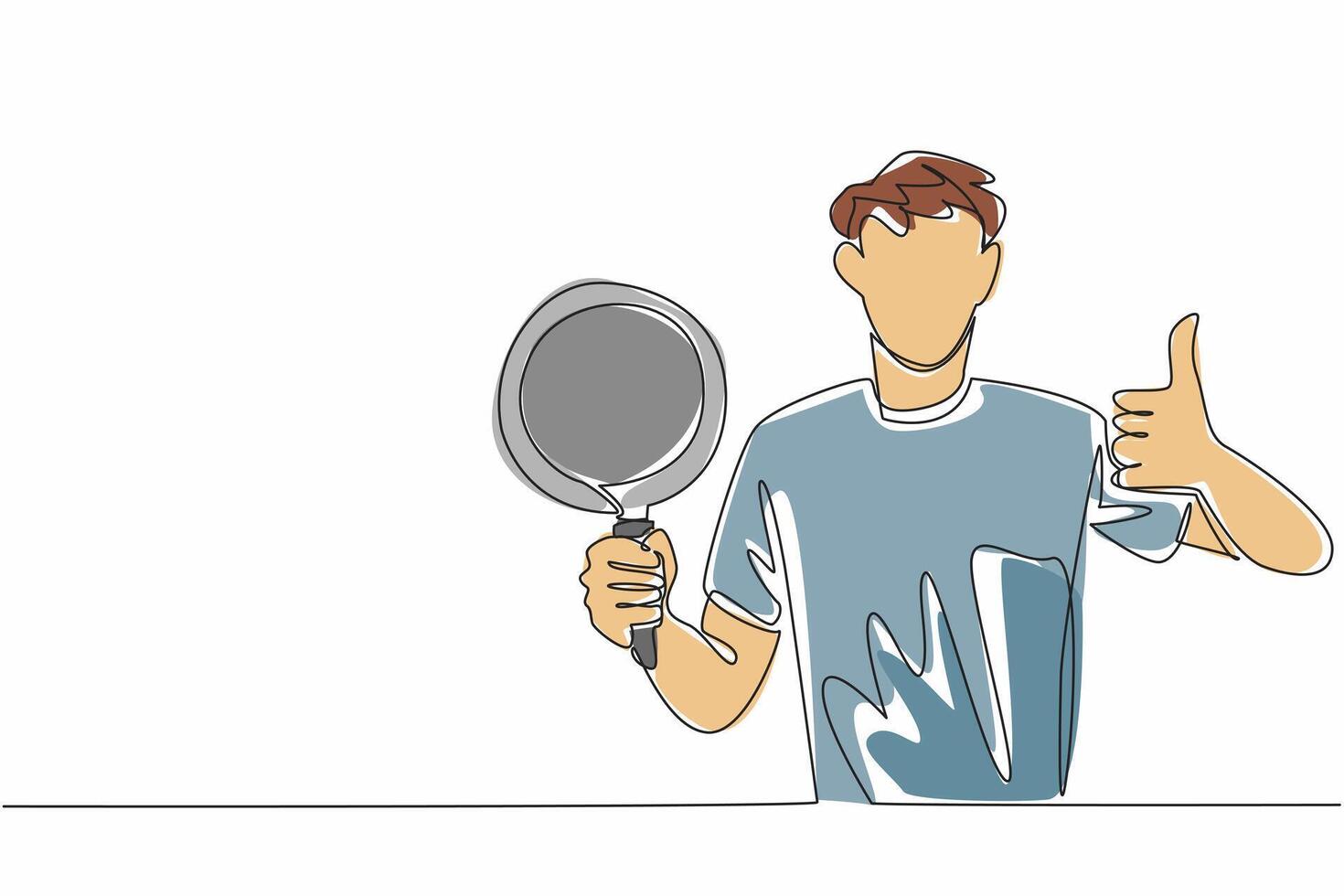 Single one line drawing man hold teflon pan and making thumbs up gesture. Makes cooking and cleaning easier. Perfectly cooked food. National Teflon Day. Continuous line design graphic illustration vector