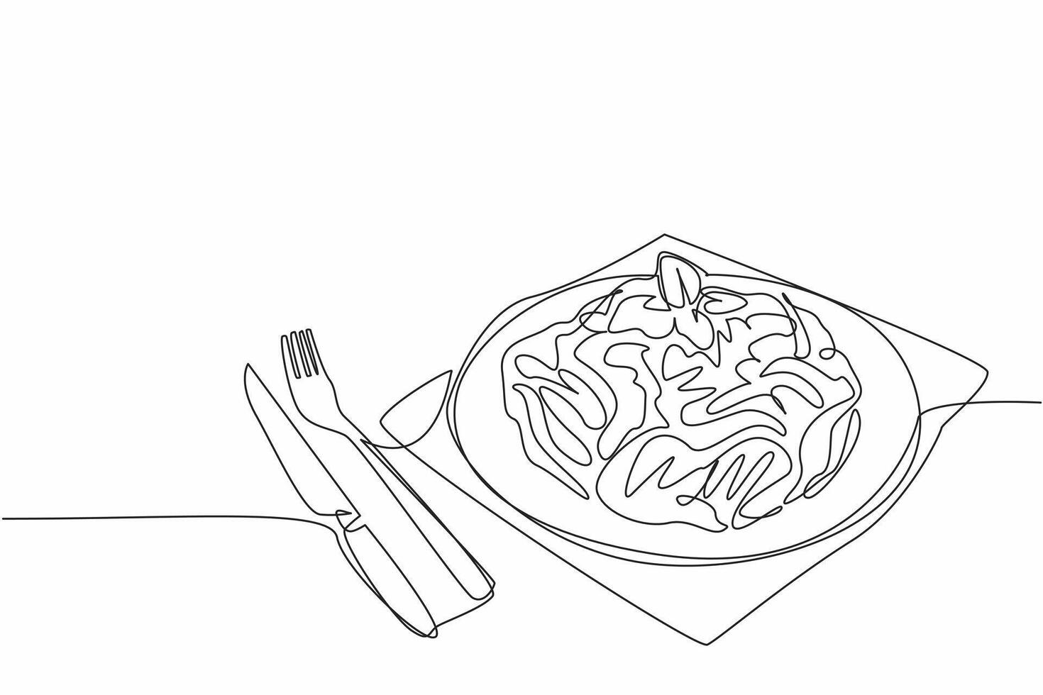 Single continuous line drawing fettuccine carbonara on a black round plate. Served in a classic way. Use a fork and knife to eat it. Savory. National Carbonara Day. One line design illustration vector