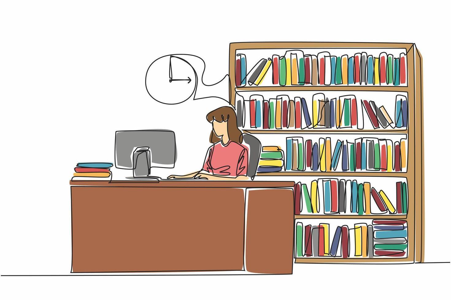 Single one line drawing female librarian sitting in chair typing on keyboard. Daily routine activities. Notes for simplicity. National School Librarian Day. Continuous line design graphic illustration vector