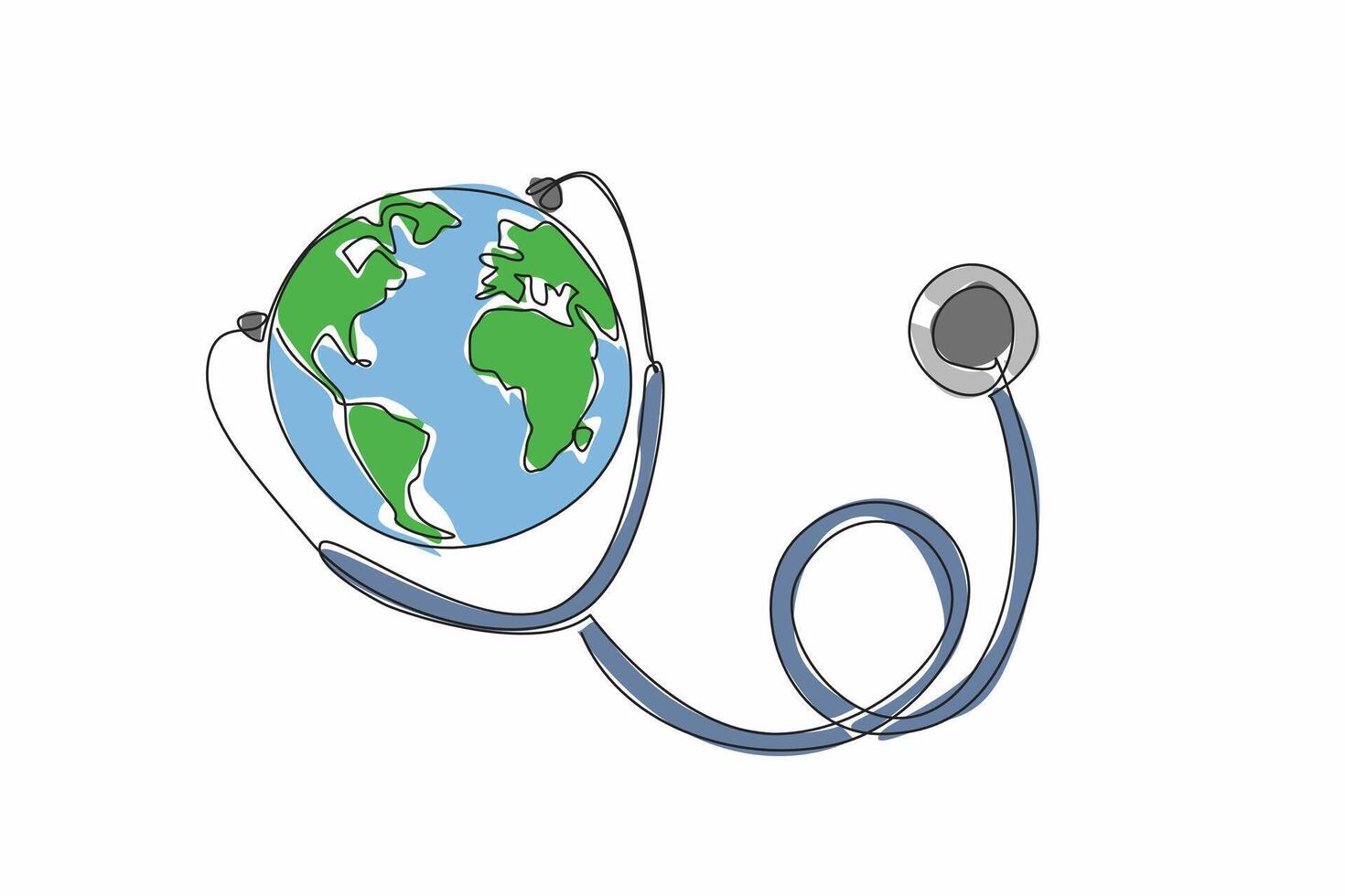 Single one line drawing stethoscope attached to globe. The earth plays a role in maintaining health. Public health is a priority. Care. World Health Day. Continuous line design graphic illustration vector