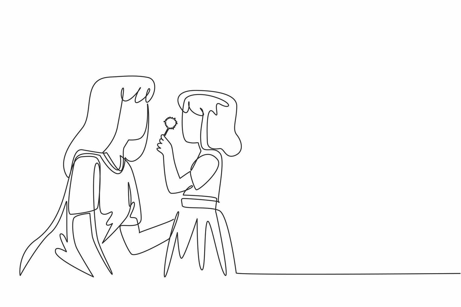 Single one line drawing mother and daughter blowing dandelion. Accompany playing in free time. Improves the immune system. Happy. National Dandelion Day. Continuous line design graphic illustration vector