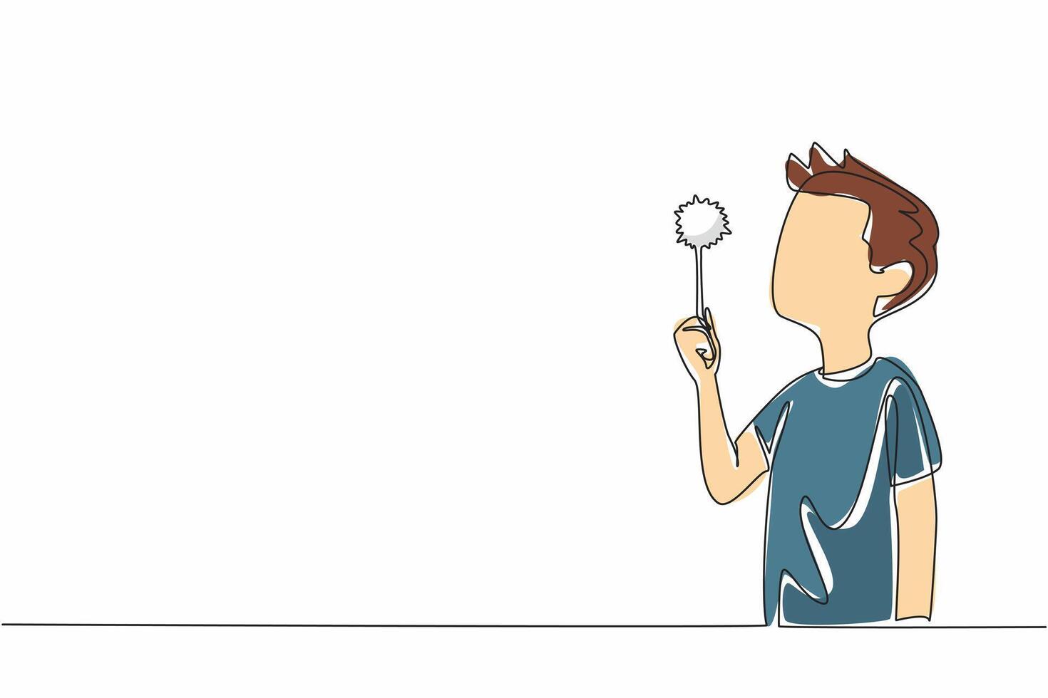 Single continuous line drawing boy holding dandelion and blowing it. Playing in the park. Wild plants that are classified as weeds or pests. National Dandelion Day. One line design illustration vector