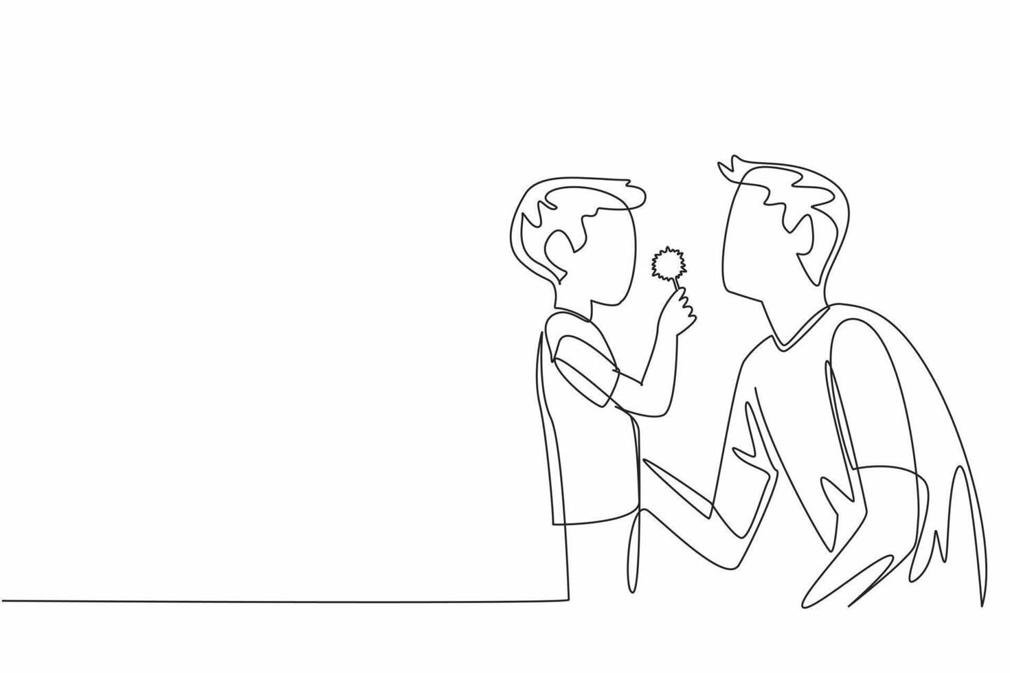 Single continuous line drawing father and son blowing dandelion. Outdoor activities together strengthen bonds. Get many benefits. Happiness. National Dandelion Day. One line design illustration vector