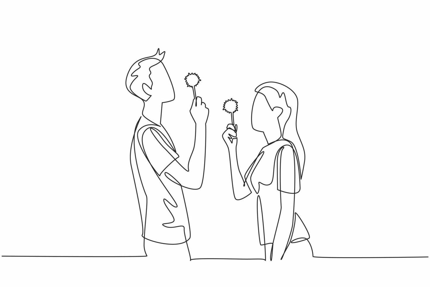 Single one line drawing young couple hold dandelions and blowing them. Joking around at dusk. Playing to pass the time on weekends. National Dandelion Day. Continuous line design graphic illustration vector