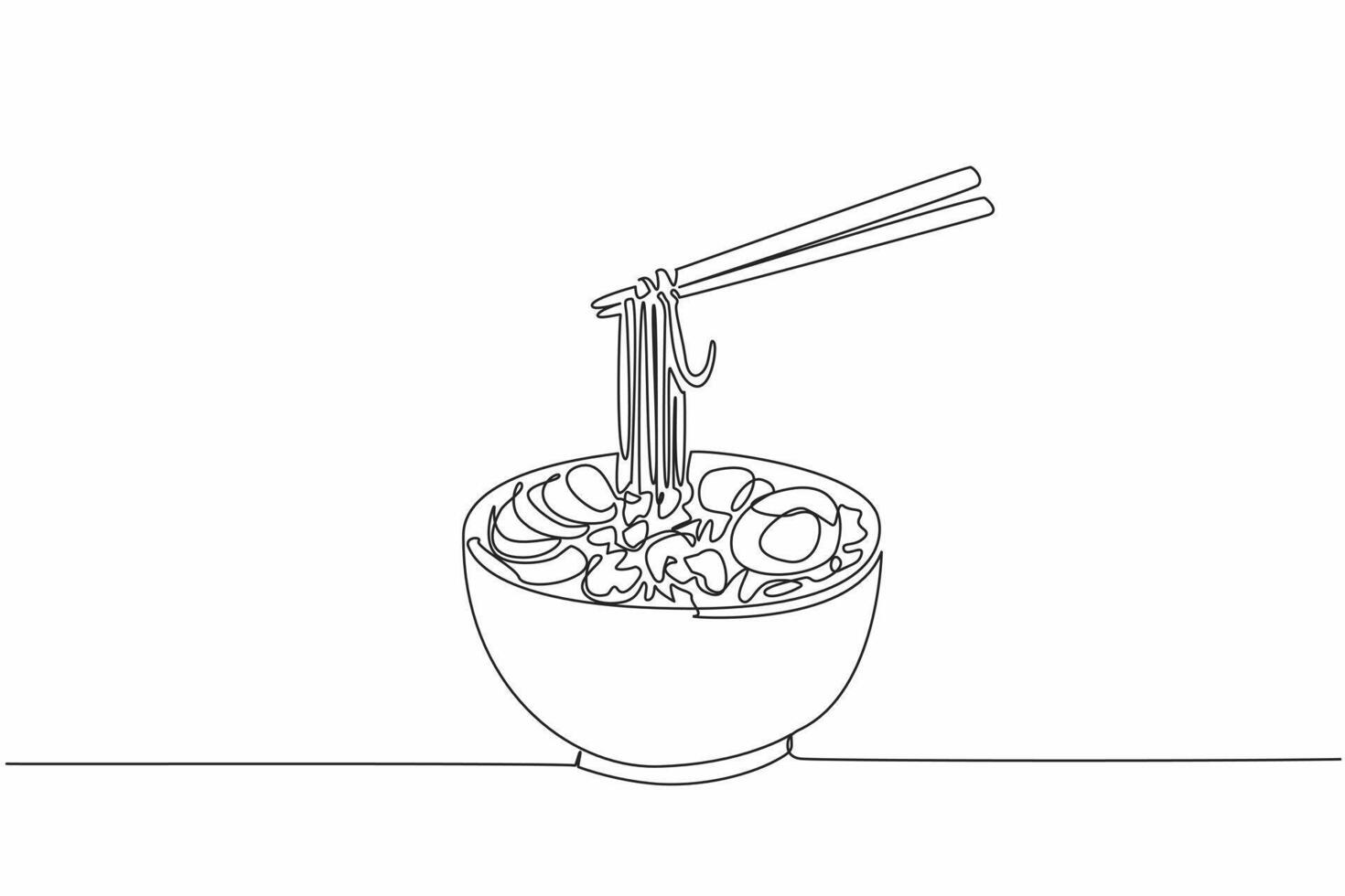 Single one line drawing chopsticks lifting some ramen noodles. Like advertising media. The appeal of food that triggers hunger. Yummy. National Ramen Day. Continuous line design graphic illustration vector