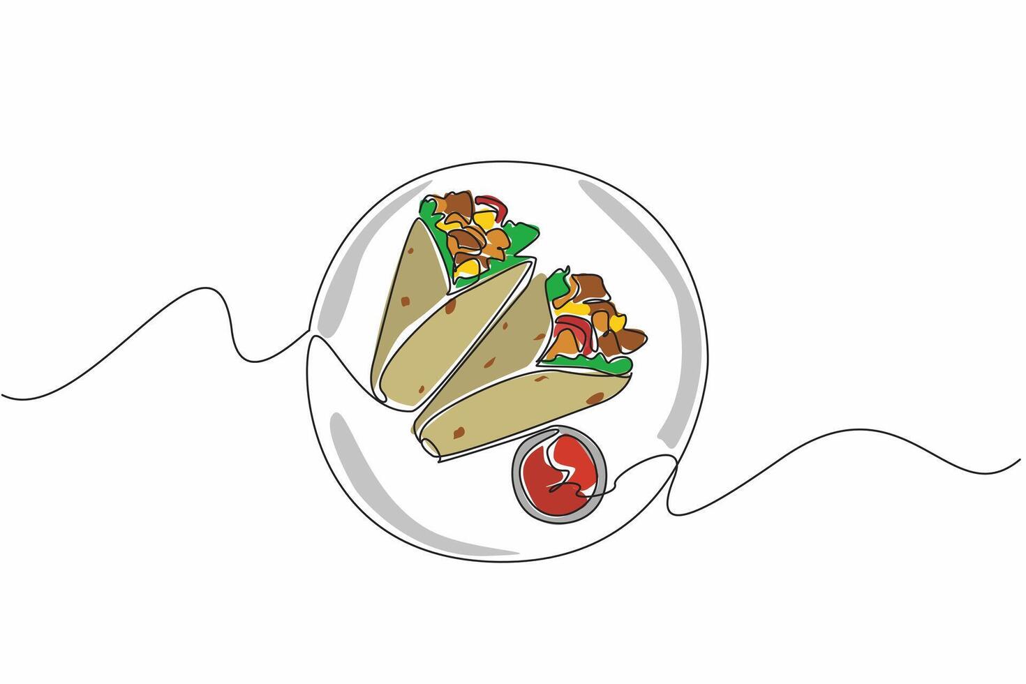 Single continuous line drawing two burritos on a plate and chili sauce in a small bowl. Food containing minced meat. Eaten while warm. Yummy. National Burrito Day. One line design illustration vector