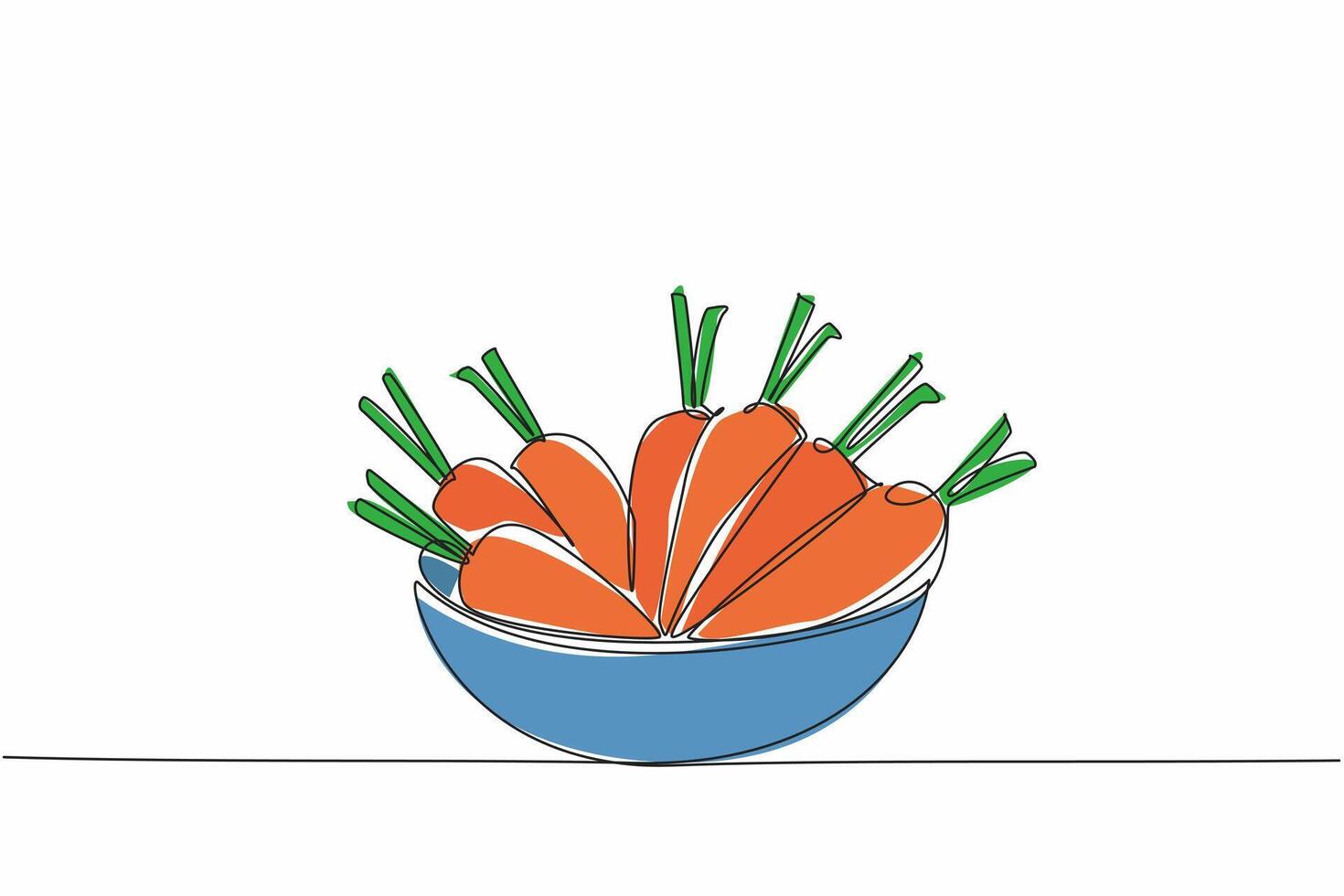Single one line drawing 7 carrots in a bowl. Cleaned and then processed into healthy food. Can also be used as a crunchy snack. International Carrot Day. Continuous line design graphic illustration vector