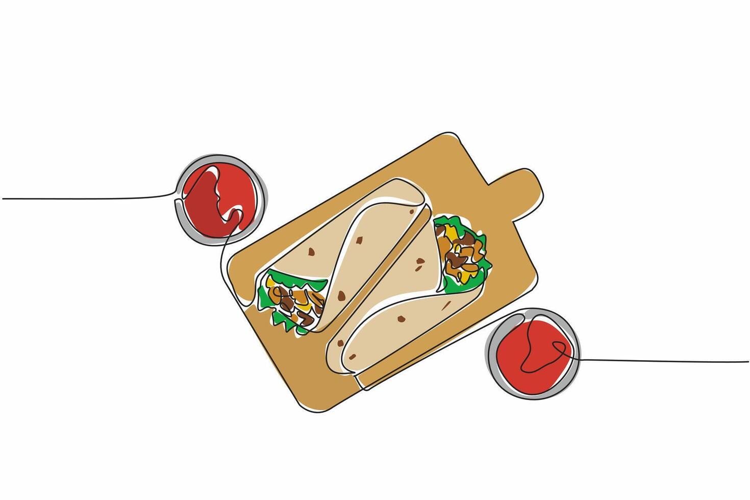 Continuous one line drawing two burritos on a cutting board. Served complete with mustard and chili sauce. Authentic Mexican food. National Burrito Day. Single line draw design illustration vector
