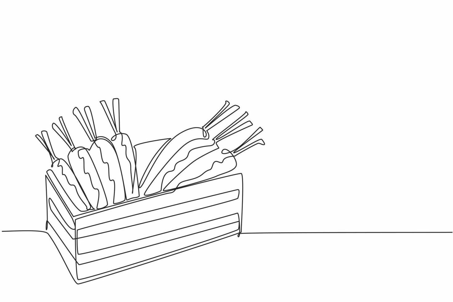 Continuous one line drawing some carrots in a wooden box. Distributes goodness as a source of vitamins. Sweet. Mineral. Healthy. International Carrot Day. Single line draw design illustration vector