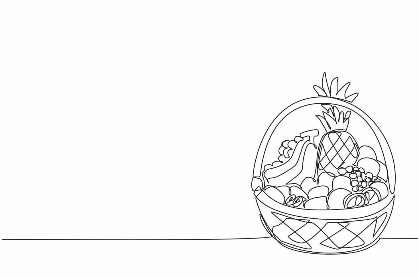 Continuous one line drawing fruit basket containing oranges, grapes, apples, pineapples and bananas. Parcels filled with vitamin C. National Vitamin C Day. Single line draw design illustration vector