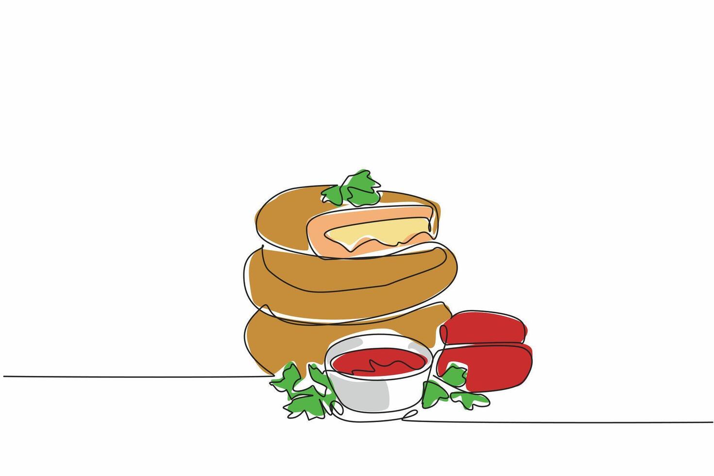 Single continuous line drawing 3 chicken cordon bleu stacked on top with melted cheese in the middle. Delicious and filling. National Chicken Cordon Bleu Day. One line design illustration vector