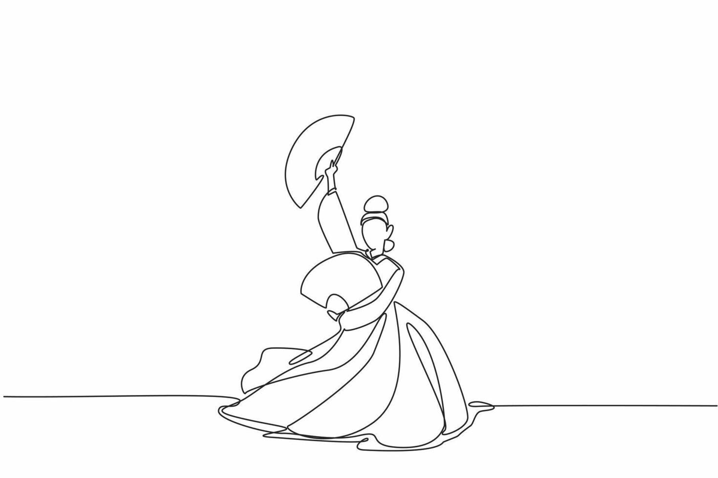 Single one line drawing woman wearing the hanbok dancing and holding a paper fan in both hands. The fluid movements display stunning action. Fan Dance Day. Continuous line design graphic illustration vector