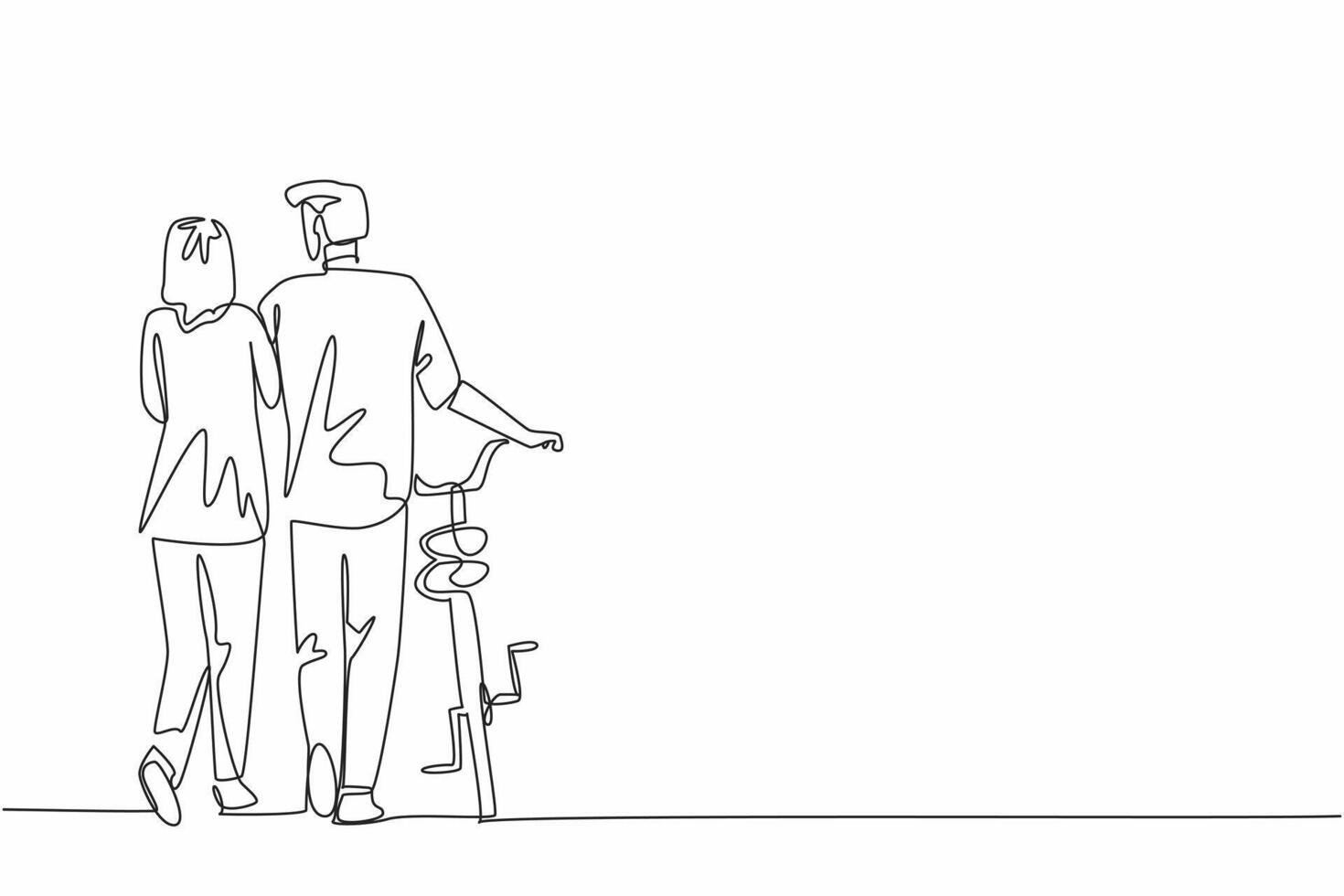 Single continuous line drawing old couple holding hands walking together. Old man leading a bicycle. Welcoming the dusk. A romance. Culture. National Walking Day. One line design illustration vector