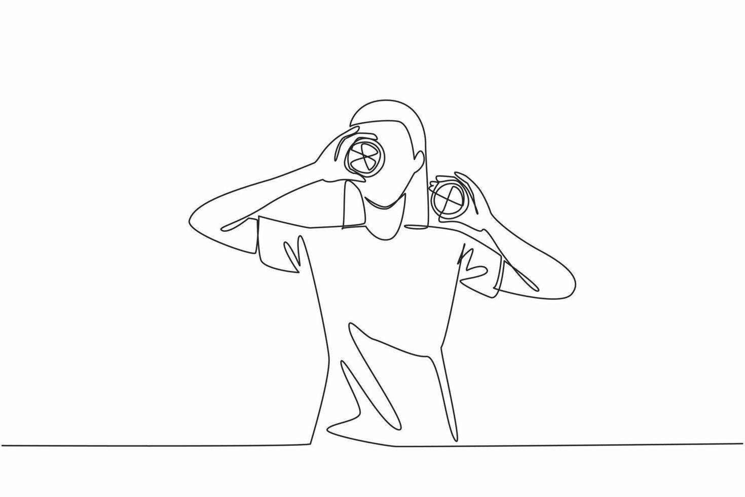Single continuous line drawing women each holding an orange cut into two parts. Will be processed into a cold vitamin drink. Orange juice. National Vitamin C Day. One line design illustration vector