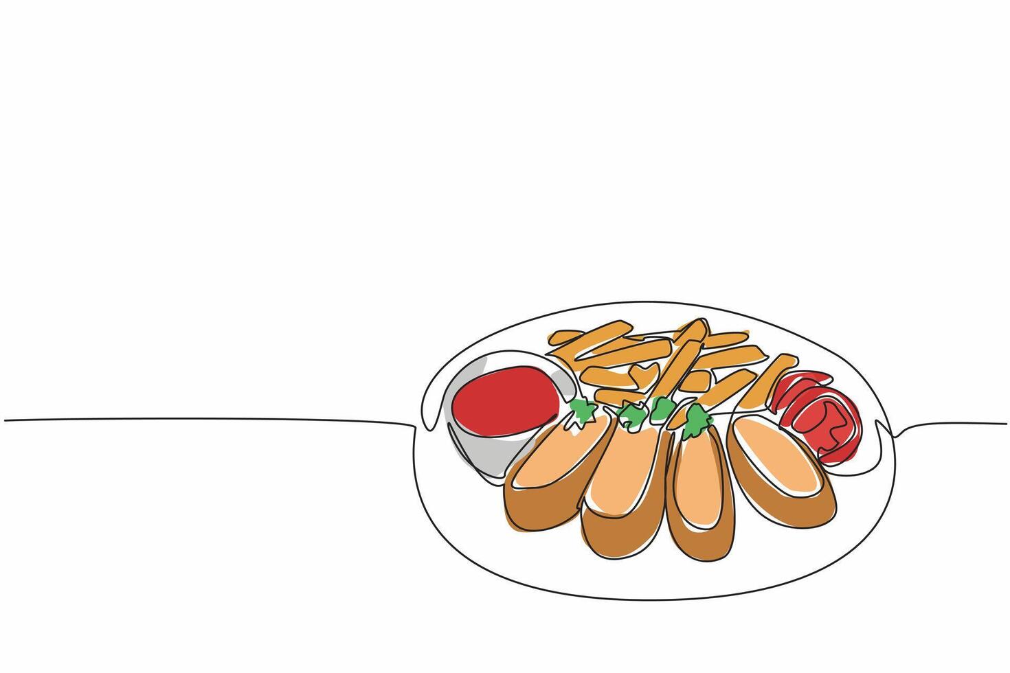 Continuous one line drawing chicken cordon bleu cut into pieces served on a large gray plate. Eaten with chili sauce. National Chicken Cordon Bleu Day. Single line draw design illustration vector