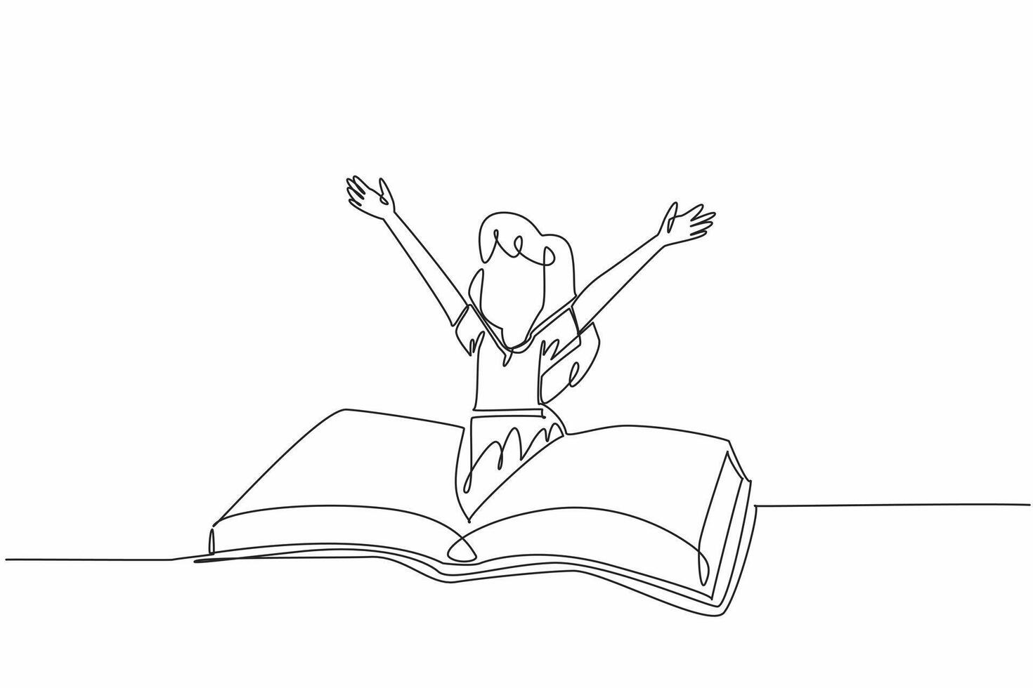 Single continuous line drawing a girl emerges from the middle of open thick book. Happy gesture. Almost finished the fairy tale. International of Children Book Day. One line design illustration vector