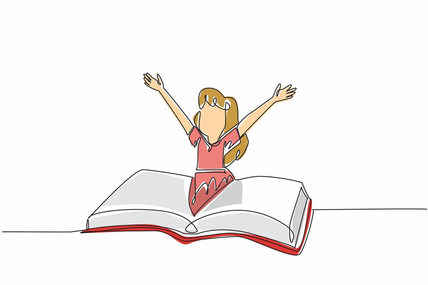 Single continuous line drawing a girl emerges from the middle of open thick book. Happy gesture. Almost finished the fairy tale. International of Children Book Day. One line design illustration vector
