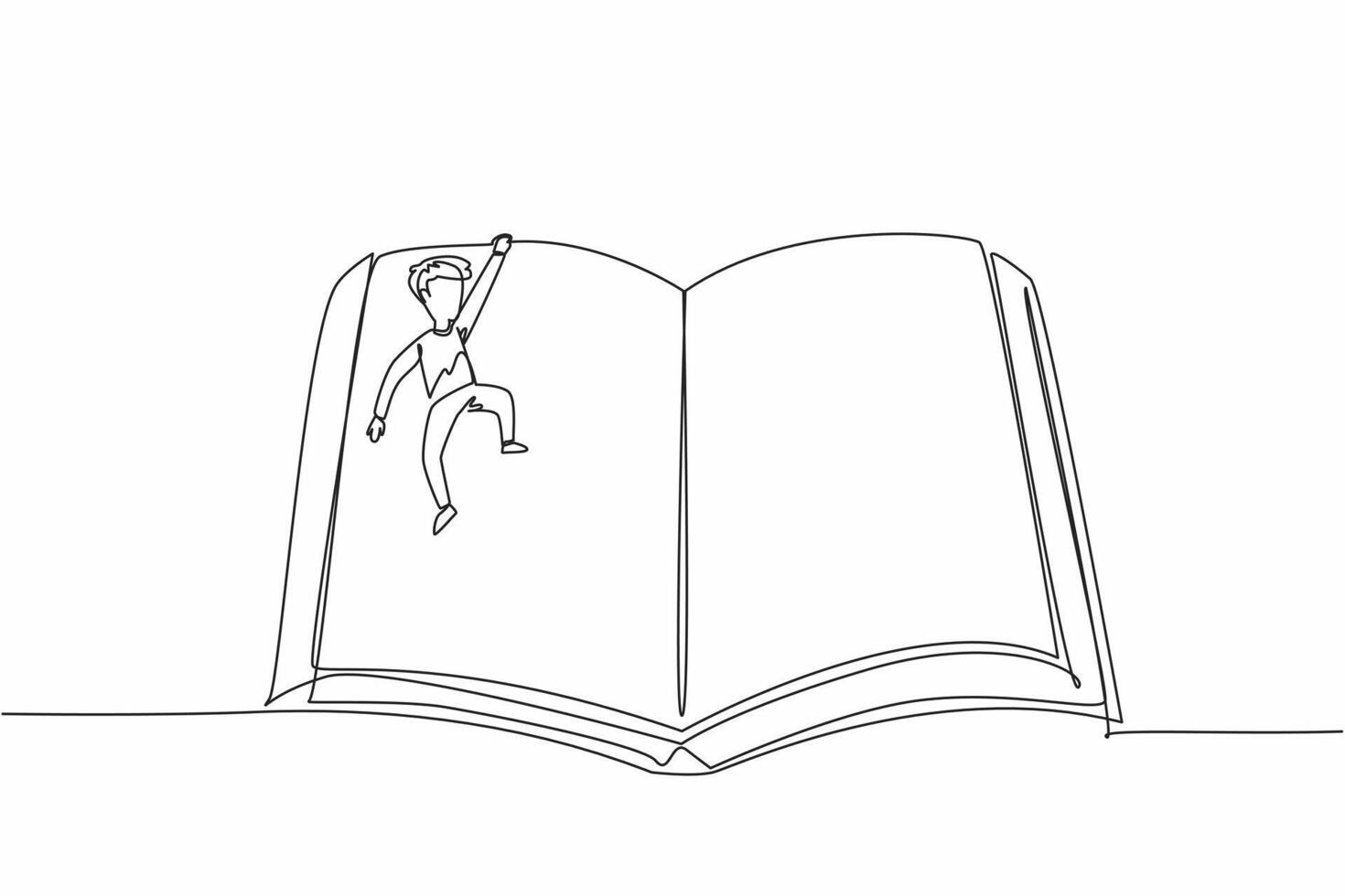 Continuous one line drawing boy hanging in the middle of an open large book. High enthusiasm for reading fiction books. International of Children Book Day. Single line draw design illustration vector