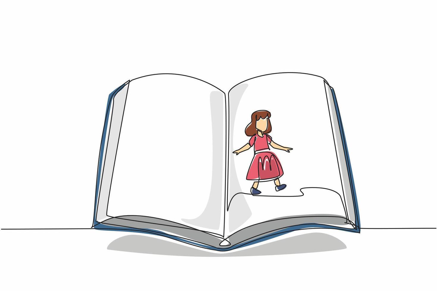 Single one line drawing girl walking in the middle of open big books holding bookmark. Open the latest page. New hobby. International of Children Book Day. Continuous line design graphic illustration vector