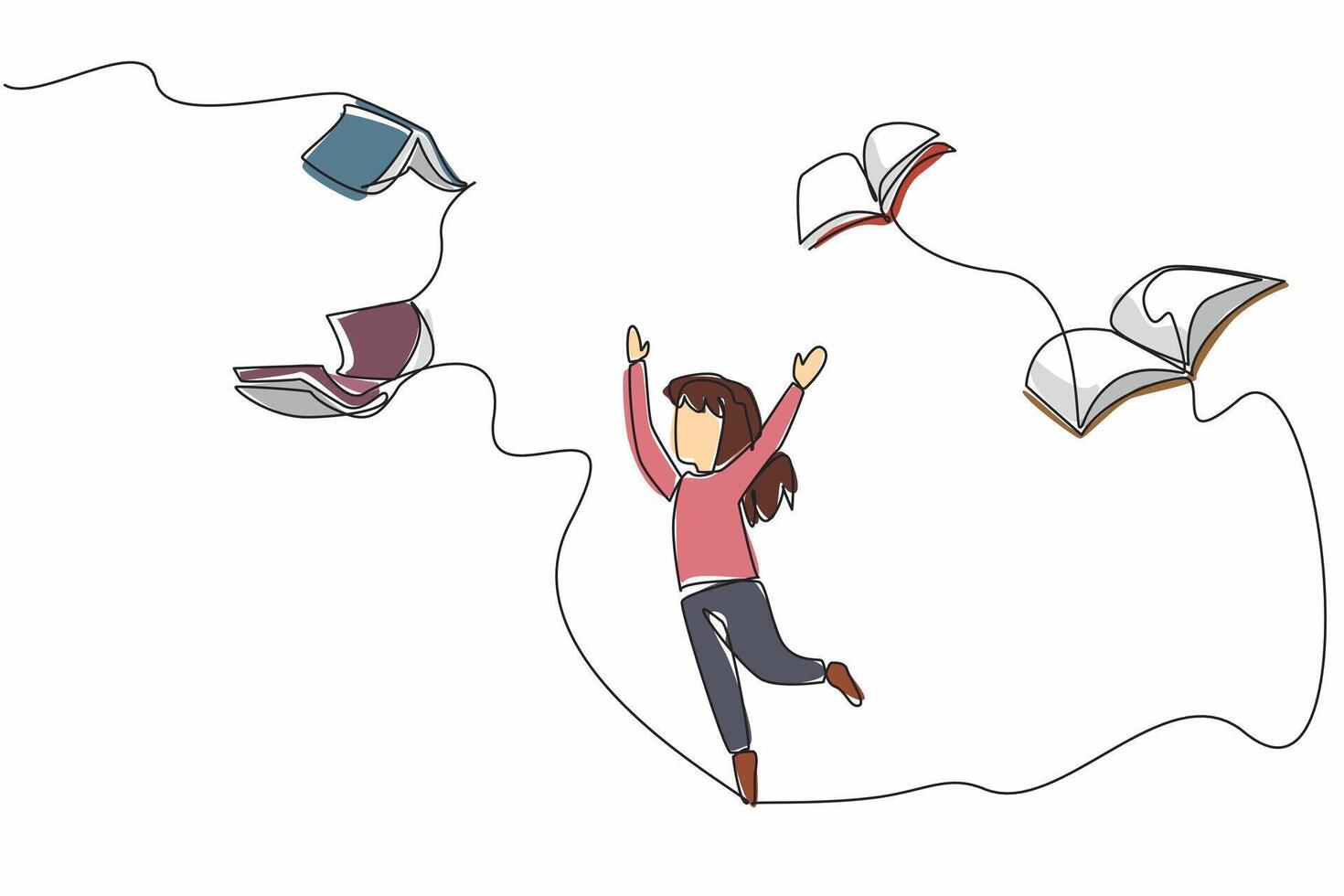 Single continuous line drawing the books flies and wants to be caught by the girl who is below it. Reading is fun. Knowledge. International of Children Book Day. One line design illustration vector