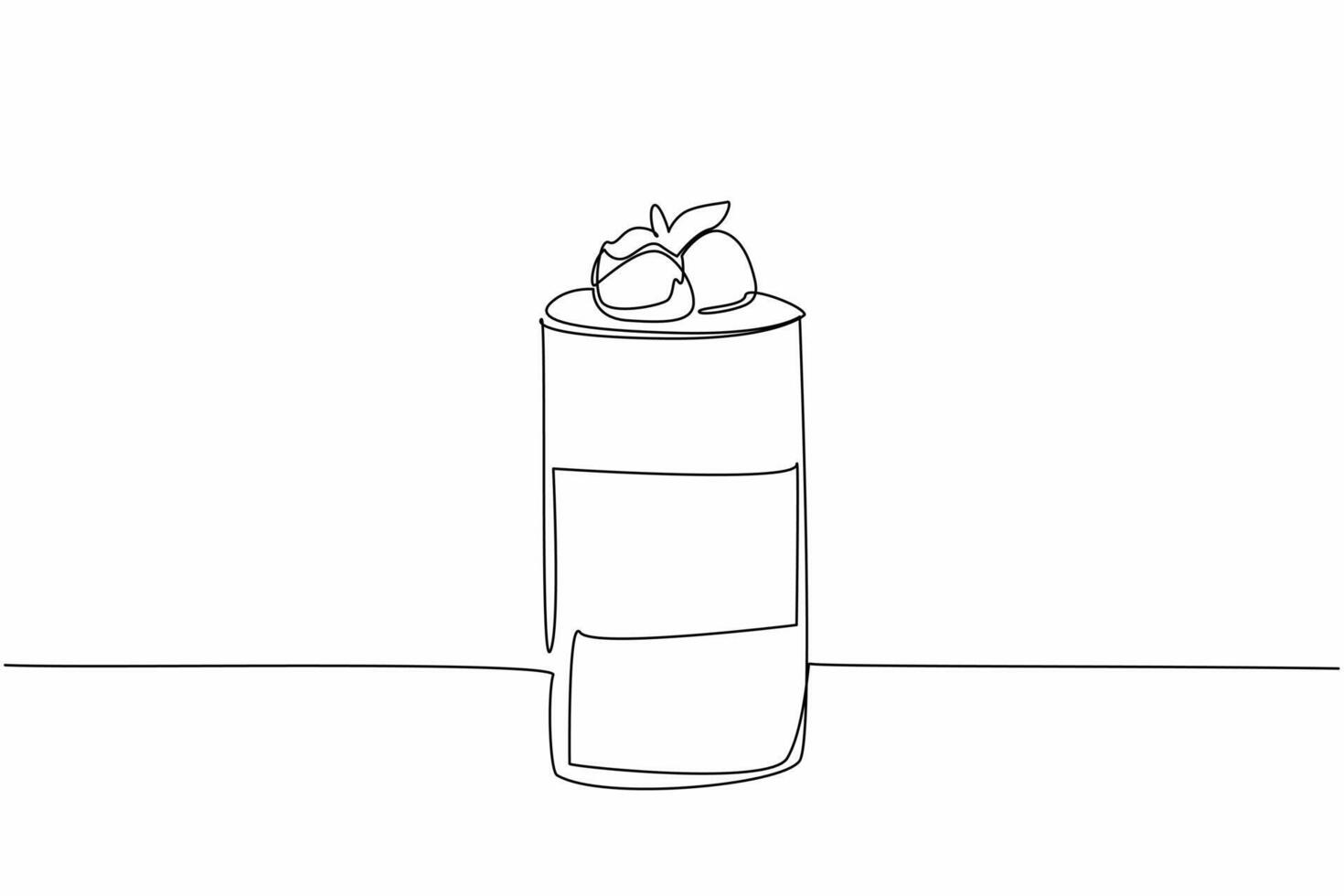 Single continuous line drawing glass of chocolate mousse with layers of color and strawberry topping. Delicious sweet and sour taste. National Chocolate Mousse Day. One line design illustration vector