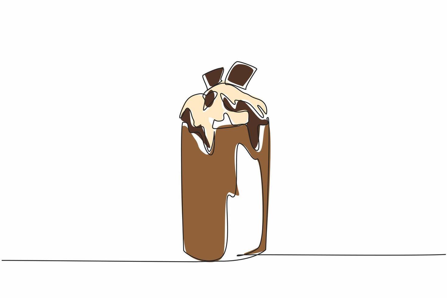 Single continuous line drawing one glass of chocolate mousse topped with whipped cream and melted chocolate. Thirst quencher. Tasty. National Chocolate Mousse Day. One line design illustration vector