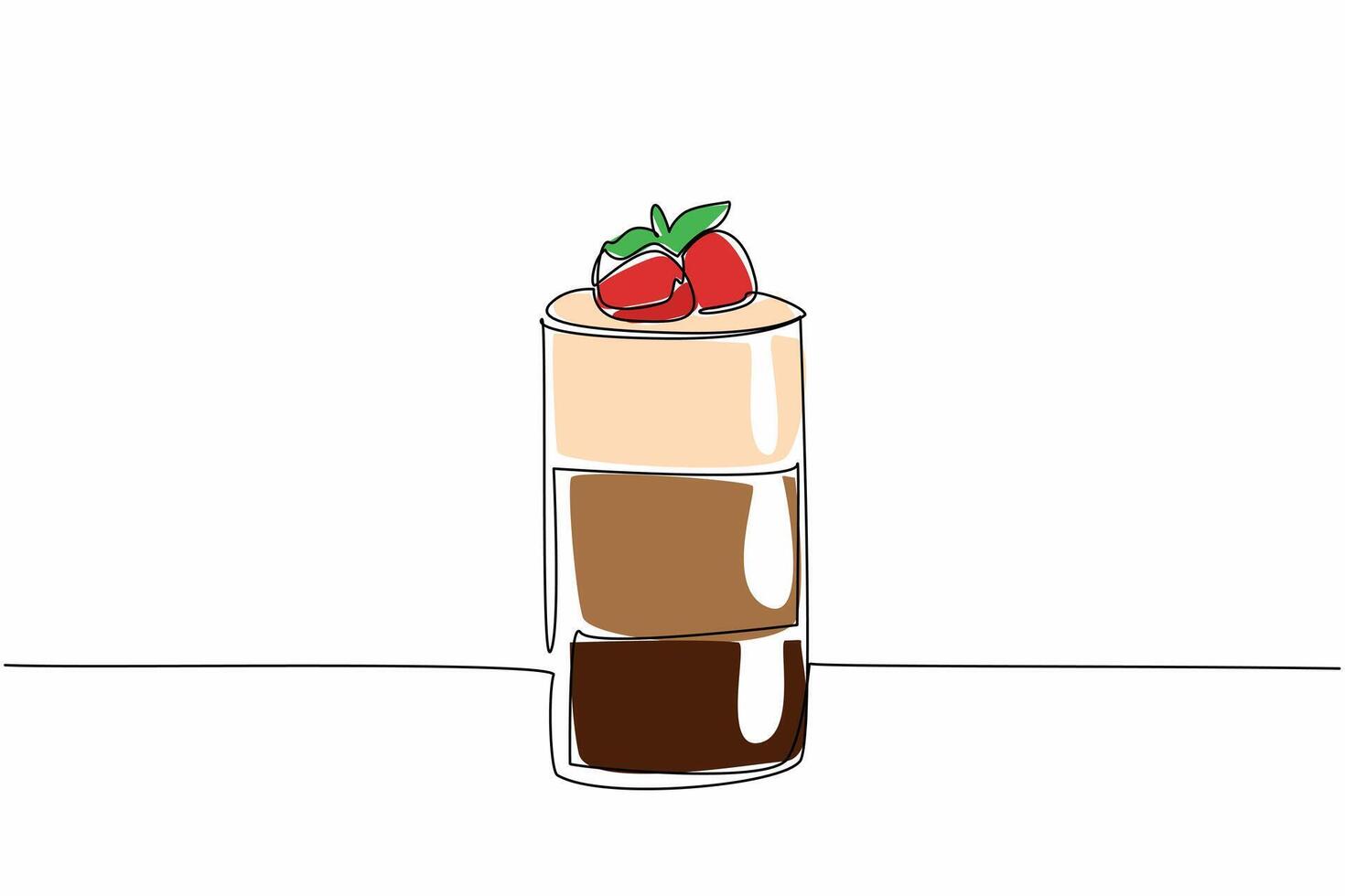 Single continuous line drawing glass of chocolate mousse with layers of color and strawberry topping. Delicious sweet and sour taste. National Chocolate Mousse Day. One line design illustration vector