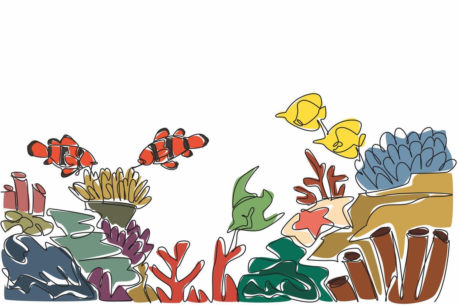 Continuous one line drawing coral reefs with various kinds of marine animals. Biodiversity in the sea. Place to find food. Breed. World Aquatic Animal Day. Single line draw design illustration vector