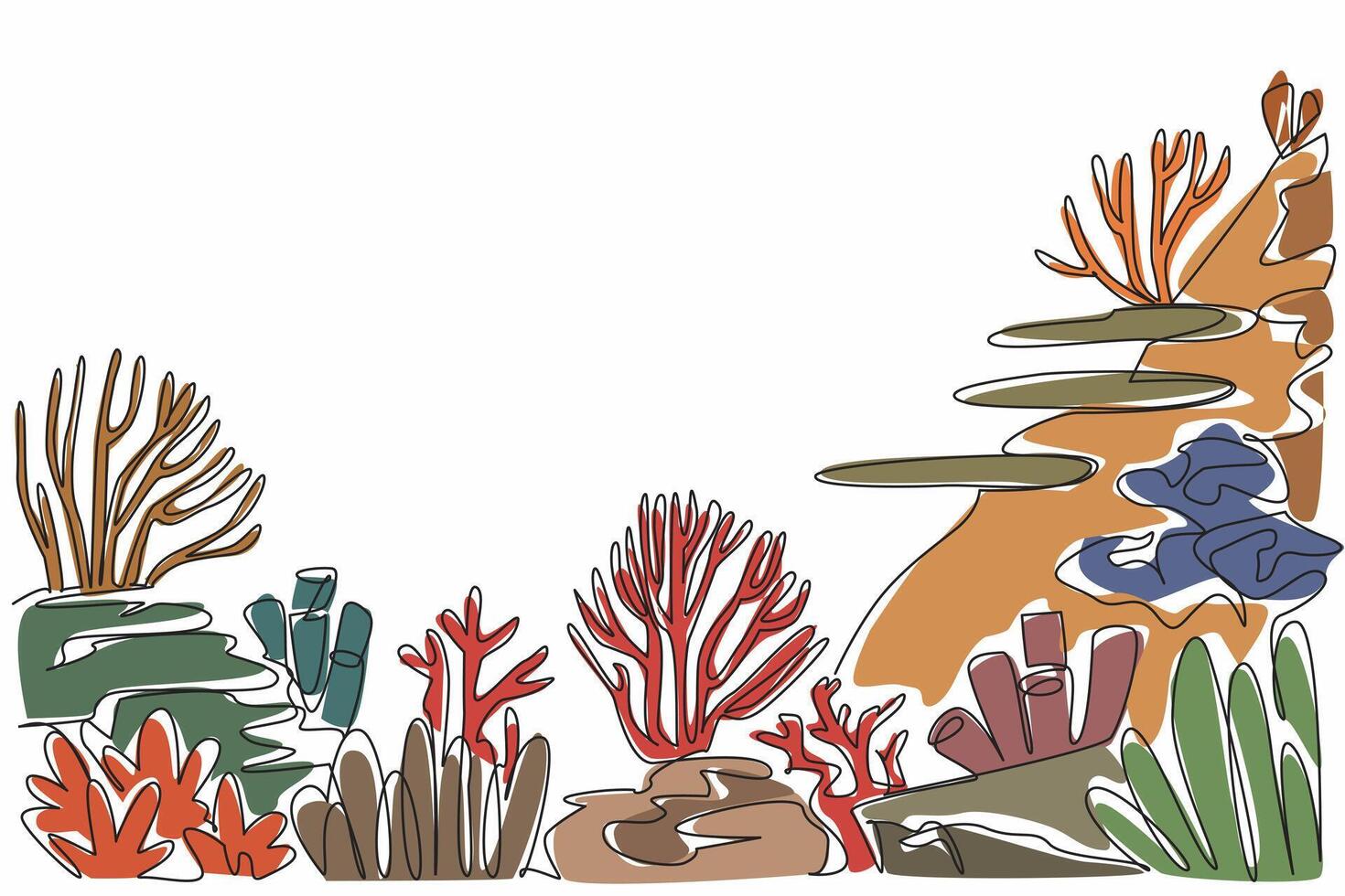 Continuous one line drawing colorful coral reefs and variety of anemones and corals. Protect coastline from erosion. Ecosystem. World Aquatic Animal Day. Single line draw design illustration vector