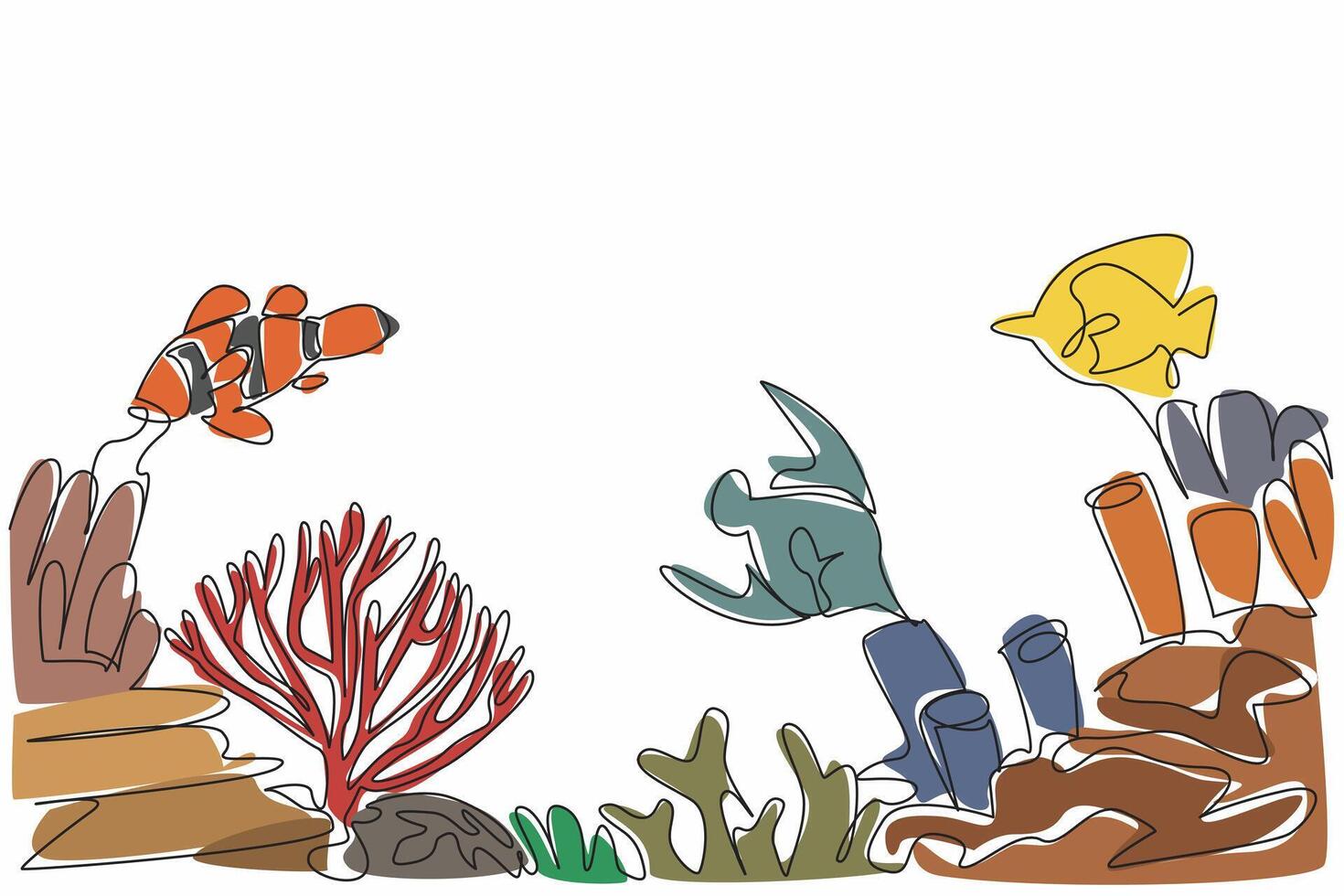 Single continuous line drawing coral reefs with a variety of fish, anemones and marine plants. Habitat of small animals in the sea. Biota. World Aquatic Animal Day. One line design illustration vector